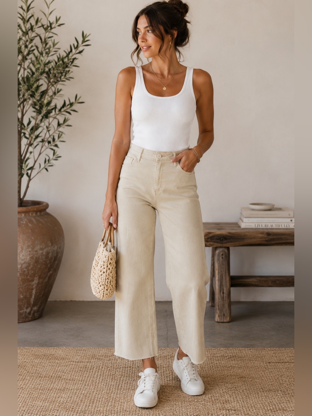 Oat New York High Rise Wide Leg Crop Tan Pants